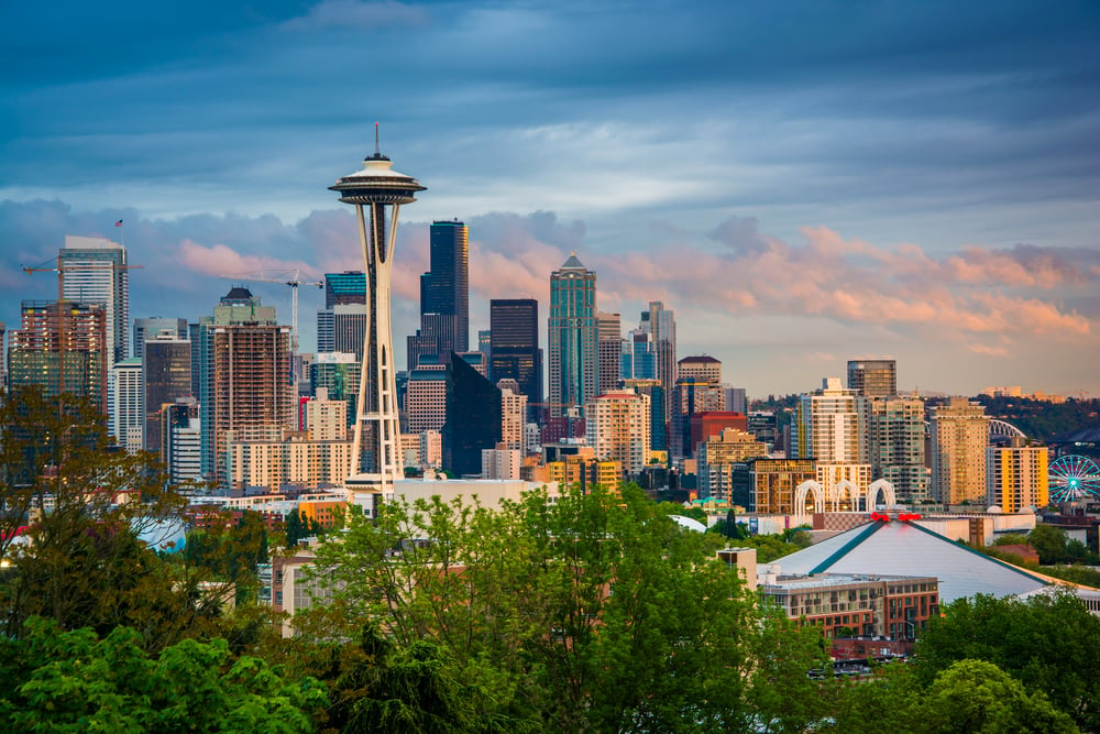Sunset view of the Seattle skyline from Kerry Park, in Seattle, Washington.